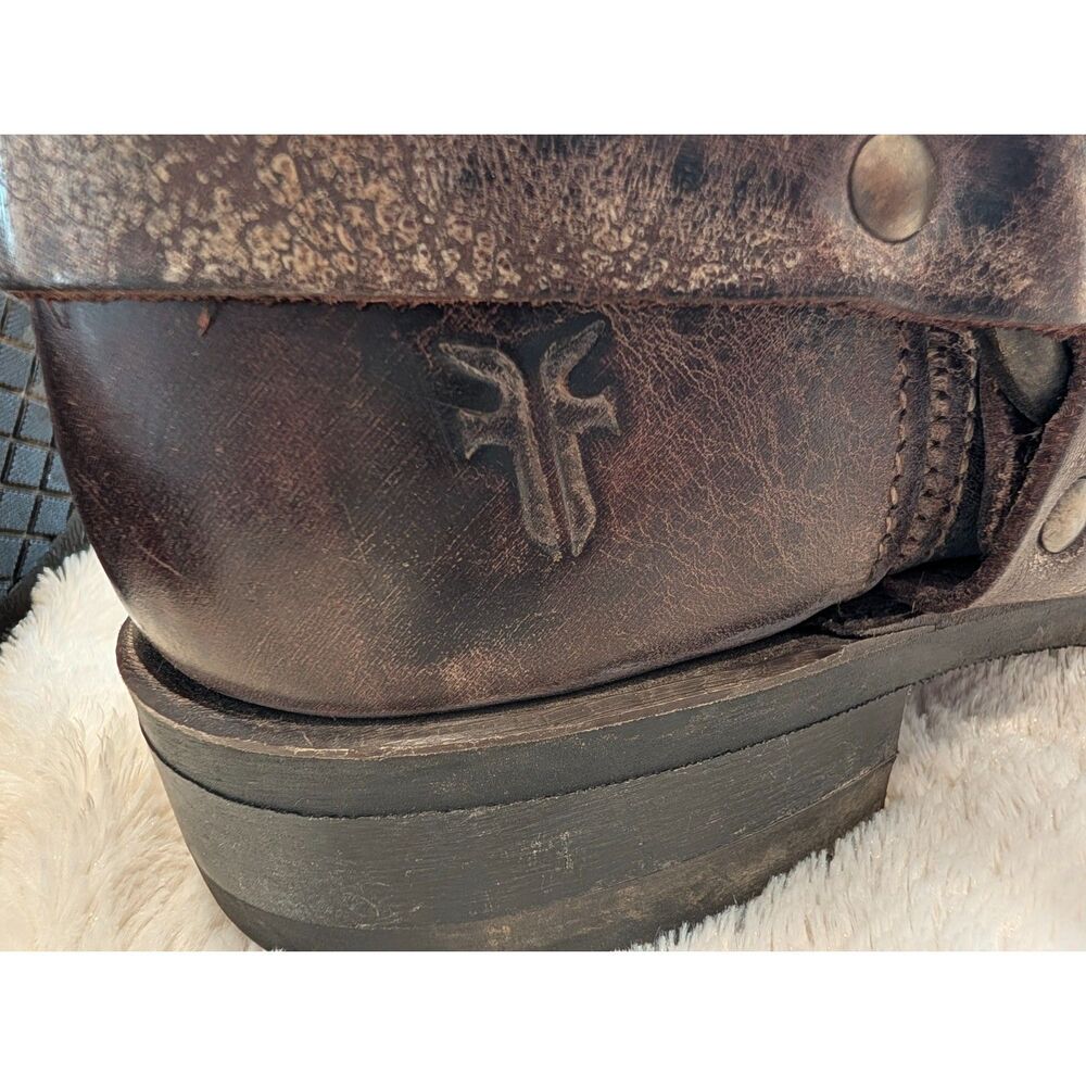Frye Size 8M Harness 12R Leather Boots Cognac Brown Square Toe Distressed - Picture 8 of 16
